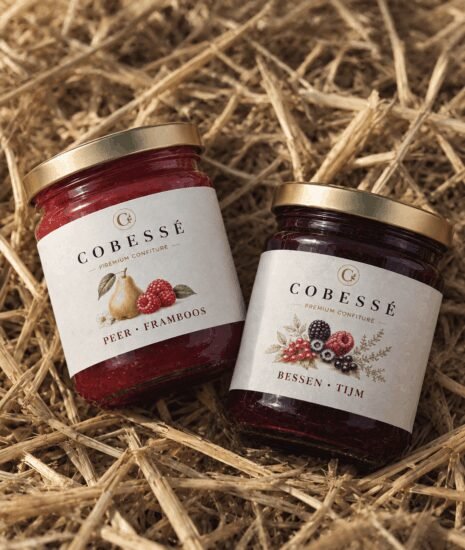 Twee potjes confiture peer en bessen
